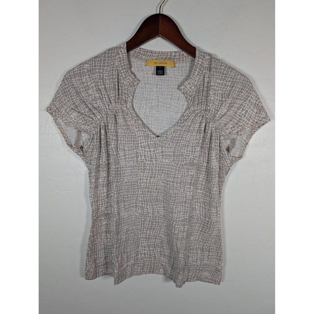 St John Shirt Womens Medium Gray Pink Abstract Animal Print Short Sleeve Top